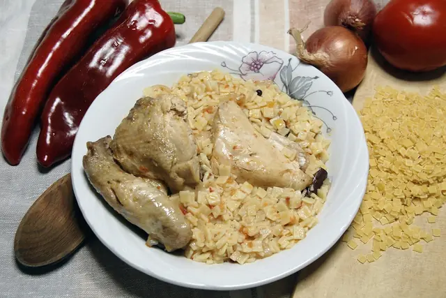 Hilopites with chicken (Greek egg pasta), Greek catering, illustrative photo