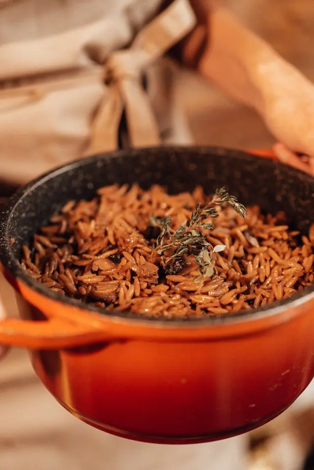 Clay-pot manestra with veal (orzo with veal), Greek catering, illustrative photo