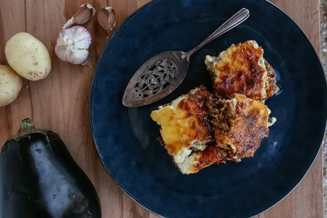 Moussaka (aubergine and minced beef under béchamel), Greek catering, illustrative photo