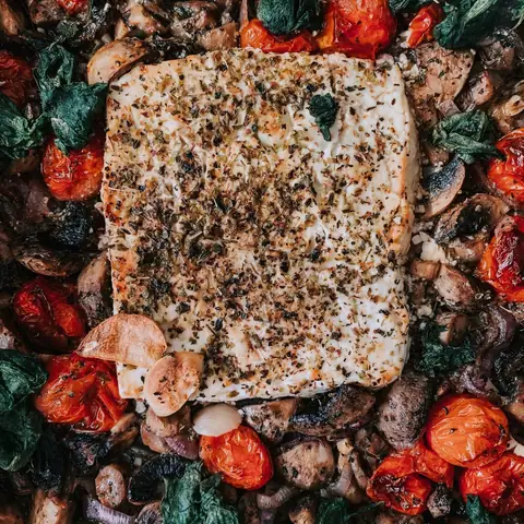 Baked feta, Greek catering, illustrative photo
